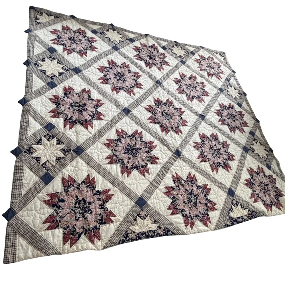 Vintage Patchwork 8 Point Star Full/QueenQuilt Navy Plaid Americana Cottage Core